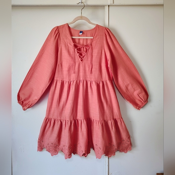 Tiered Lace-Up Mini Swing Dress Eyelet Floral Hem Coral Long Sleeve M. - Picture 14 of 17